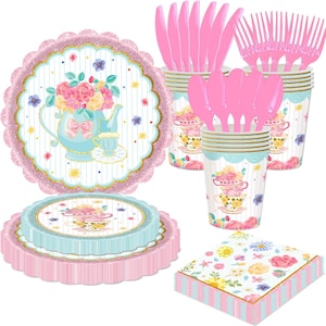 Tea Party Plates, Napkins, Cups, Cutlery Disposable Tableware Serves 16, Pink Floral Garden Birthday Bridal Shower Baby Shower Dinnerware