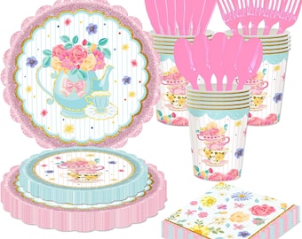 Tea Party Plates, Napkins, Cups, Cutlery Disposable Tableware Serves 16, Pink Floral Garden Birthday Bridal Shower Baby Shower Dinnerware