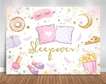 May include: A white background with gold glitter and pink and purple illustrations of a donut, a sleep mask, pillows, feathers, a crescent moon, a pizza slice, popcorn, nail polish, and slippers. The text "Sleepover!" is written in gold glitter.