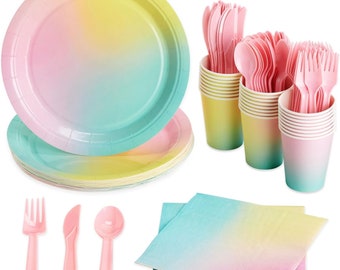 Pastel Rainbow Party Plates, Napkins, Cups Forks Disposable Tableware Serves 24 Pastel Colors Unicorn Birthday Decoration Rainbow Dinnerware
