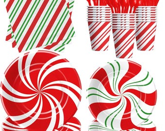 May include: Red and green striped paper plates and cups with a swirl design. Red and green striped napkins. Red plastic forks and spoons.