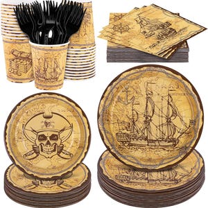May include: A pirate-themed party supply set with brown and gold paper plates, cups, napkins, and forks. The plates feature a map with a ship and an anchor, while the cups and napkins have a map with a skull and crossbones. The forks are black plastic.