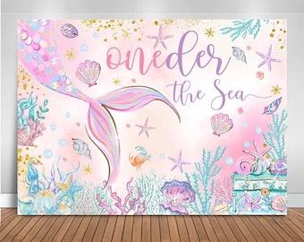 Mermaid Oneder The Sea 1st Birthday Backdrop Banner, Mermaid Theme Girls First Birthday Party Decorations, Pink Under The Sea Birthday