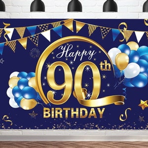May include: Blue and gold happy 90th birthday banner with gold confetti and stars. The banner features a large gold number 90 with a gold ribbon and the words "Happy 90th Birthday".