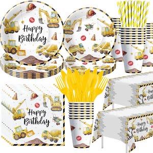 May include: Construction themed party supplies with yellow and black striped paper plates, napkins, cups, and straws. The plates and napkins feature a construction truck and excavator design with the text "Happy Birthday".