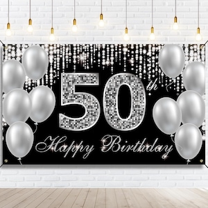 50th Birthday Banner Backdrop Decorations Men Women Black and Silver Happy 50 Year Old Birthday Decor Photo Booth Props 50th Party Supplies