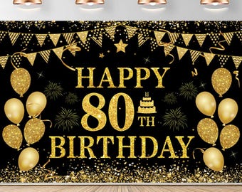 Black and Gold 80th Birthday Banner Backdrop Mens 80th Birthday Backdrop Aged 80 Years Banner Decor Photo Booth Props Sign