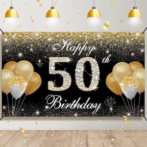 50th Birthday Banner Backdrop Decorations for Women Black and Gold Happy 50 Year Old Birthday Decor Photo Booth Props 50th Party Supplies
