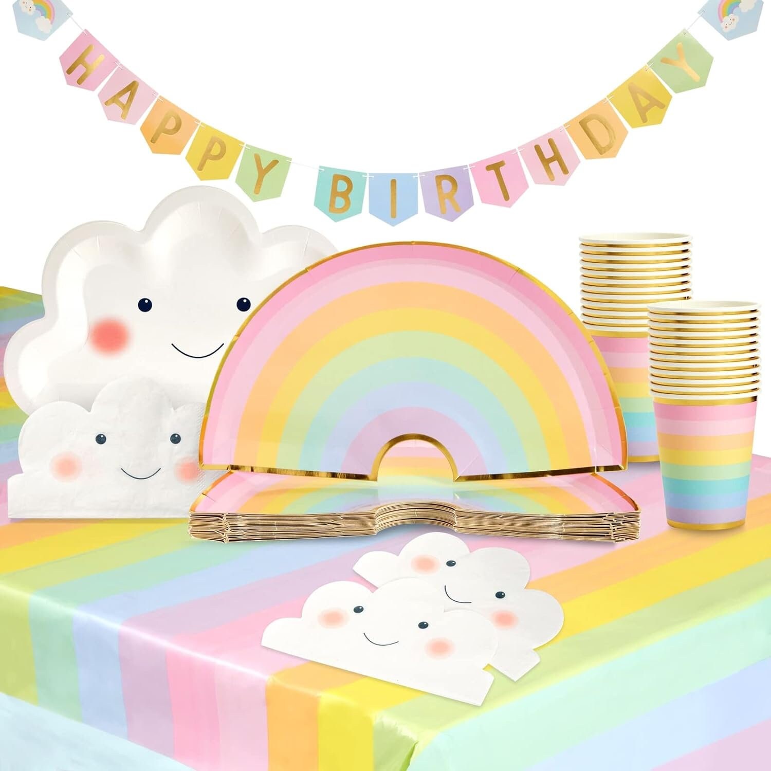 Pastel Rainbow Party Plates, Napkins, Cups, Tablecloth Tableware Serves 24 Cute Cloud Rainbow Birthday Decoration, On Cloud 9 Birthday