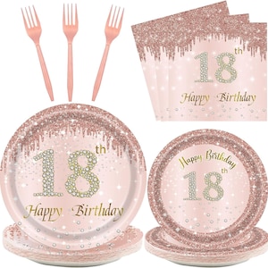 Rose Gold 18th Birthday Party Plates, Napkins, Forks Disposable Tableware Serves 24 Rose Gold 18th Birthday Decorations, 18th Dinnerware