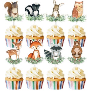 Woodland Animals Cupcake Toppers 48pcs, Forest Animal Birthday Party Decorations, Woodland Baby Shower Cupcake Decor, Woodland Creatures
