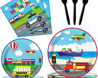 Transportation Birthday Plates, Napkins, Forks Disposable Tableware Serves 24,  Bus Train Plane Ship Traffic Light Kids Birthday Dinnerware