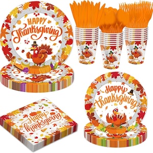 Thanksgiving Party Plates, Napkins, Cups, Disposable Tableware Serves 24, Fall Autumn Leaves Pumpkin Turkey Theme Dinnerware  Table Set up