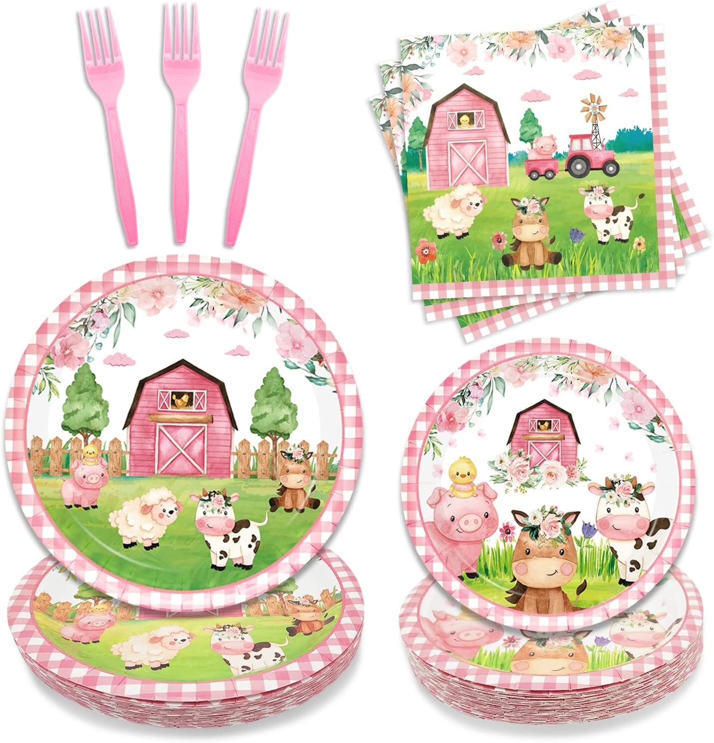 Farm Animals Party Tableware Serves 24, Pink Barn Farm Animals Birthday Baby Shower Paper Plates Napkins, Forks, Farm Birthday Dinnerware