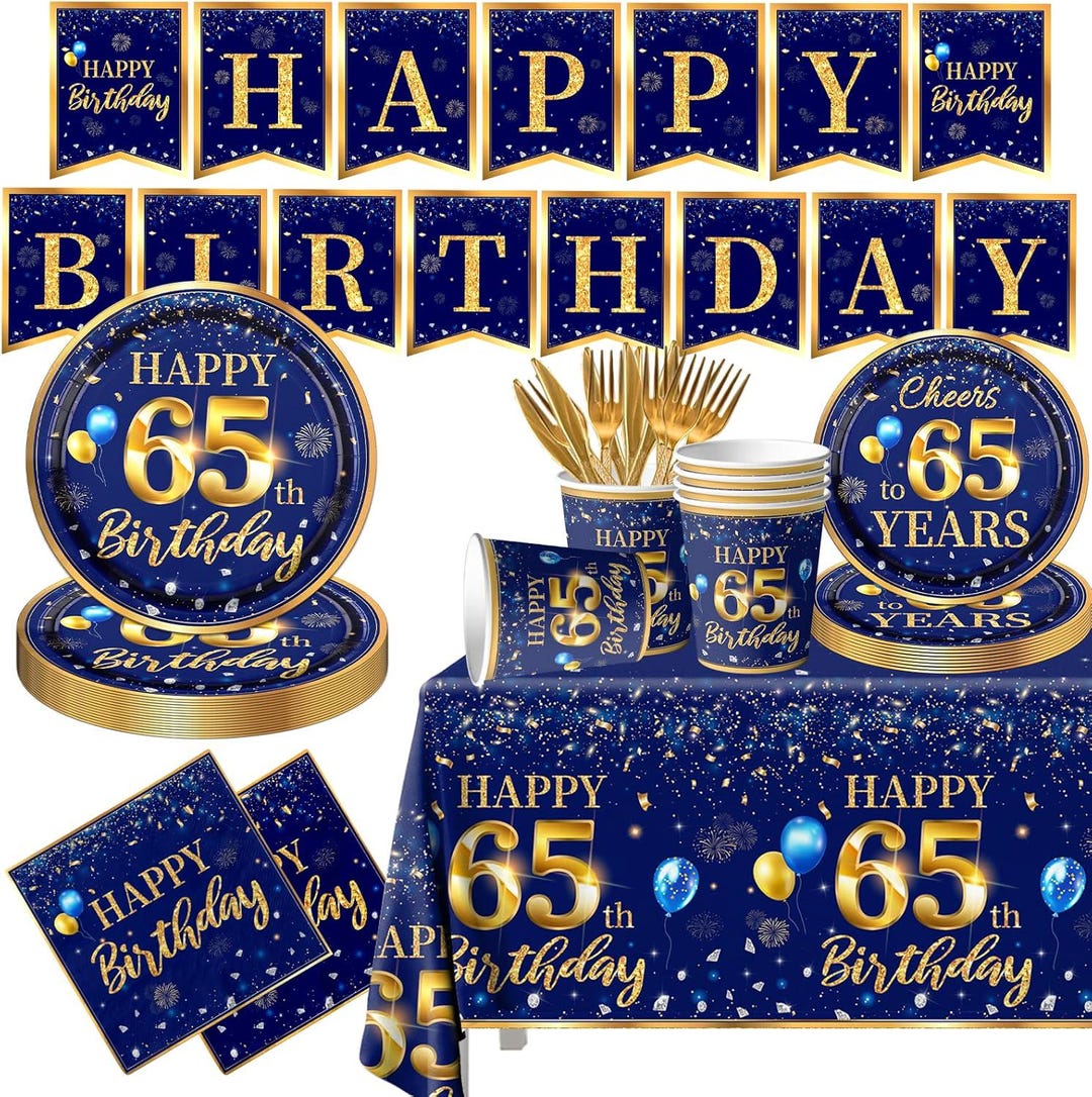 65th Birthday Party Plates, Napkins, Cups Disposable Tableware Serves ...