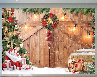 Christmas Photo Backdrop Christmas Barn Wood Door Family Picture Photography Background Xmas Tree Party Photo Backdrop Christmas Birthday