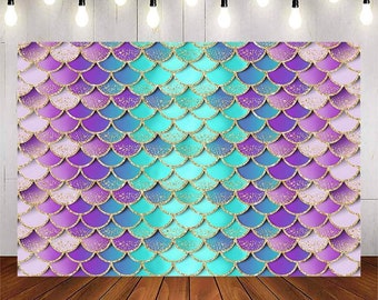 Mermaid Birthday Backdrop Banner, Glitter Mermaid Scales Backdrops Kids Birthday Party Decorations, Purple Aqua Green Shell Backdrop