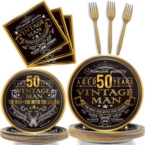 May include: A set of 50th birthday party supplies featuring black and gold plates and napkins. The plates and napkins have a gold border and a black center with the text "Aged 50 Years Vintage Man" and "The Man, The Myth, The Legend".