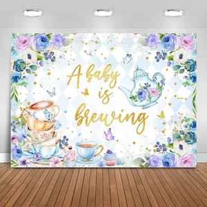 A Baby is Brewing Backdrop Banner, Tea Party Baby Shower Decoration, Blue Floral Garden Tea Party Shower Cake Table Decor Background 7X5FT