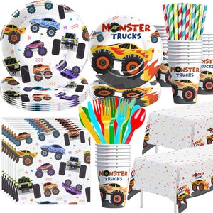 May include: Monster Trucks themed party supplies, including plates, napkins, cups, forks, spoons, and straws. The plates and napkins feature a white background with colorful monster trucks and stars. The cups are white with a blue rim and the text "Monster Trucks" in blue. The straws are red, yellow, and blue. The tablecloth is white with confetti and the text "Monster Trucks".