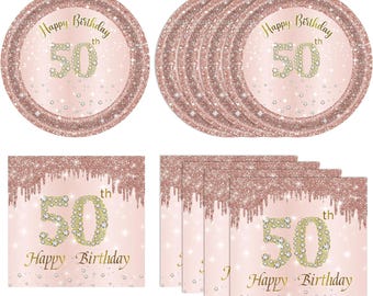 50th Birthday Dessert Plates and Napkins Disposable Tableware Serves 20 Rose Gold 50th Birthday Decorations Women 50th Decorations
