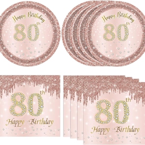 80th Birthday Dessert Plates and Napkins Disposable Tableware Serves 20 Rose Gold 80th Birthday Decorations Women 80th Decorations
