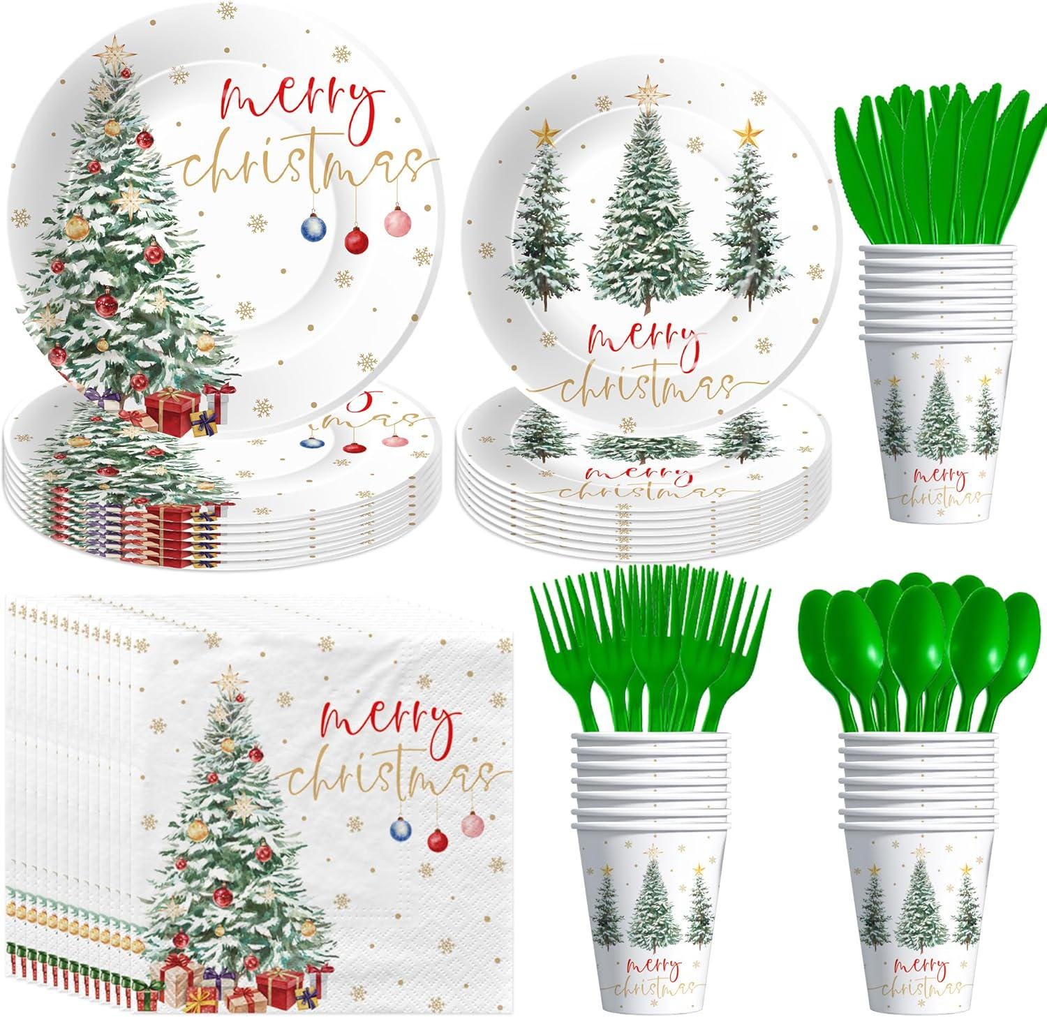 Christmas Party Plates, Napkins, Cups Cutlery Disposable Tableware Serves 24, Christmas Tree Theme Holiday Xmas Table Decorations Dinnerware