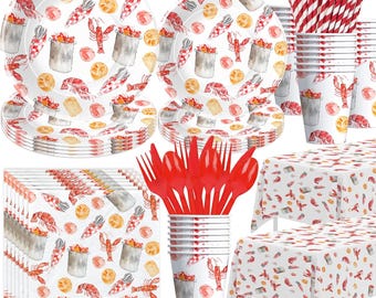 Crawfish Boil Party Plates, Napkins, Cups, Tablecloth Disposable Tableware Serves 24, Lobster Crayfish Crab Seafood Boil Birthday Dinnerware