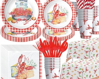 Crawfish Boil Party Plates, Napkins, Cups, Tablecloth Disposable Tableware Serves 24, Lobster Crayfish Crab Seafood Boil Birthday Dinnerware