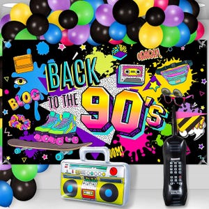 Back to The 90&#39;s Backdrop and Balloon Garland Kit, The 90&#39;s Retro Hip Hop Graffiti Theme Birthday Decorations, Throwback 90s House Party