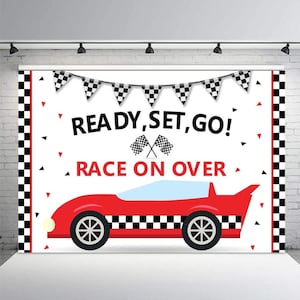 Race Car Birthday Backdrop Banner, Race Car Boys Birthday Party Decorations, Start your Engines Race On Over Black and Red Photo Background