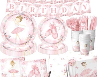 Ballerina Birthday Plates, Napkins, Cups, Tablecloth Disposable Tableware Serves 20,  Dancing Girl Ballet Theme Birthday Dinnerware Pink
