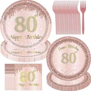 Rose Gold 80th Birthday Party Plates, Napkins, Forks Disposable Tableware Serves 24 Rose Gold 80th Birthday Decorations, 80th Dinnerware