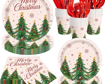 May include: A set of disposable party supplies featuring a Merry Christmas theme. Includes paper plates, paper cups, and red plastic cutlery. The items are decorated with green Christmas trees, gold stars, and red snowflakes.