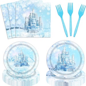 Winter Ice Castles Birthday Plates, Napkins, Forks Disposable Tableware Serves 24, Blue Snowflakes Winter Wonderland Dinnerware