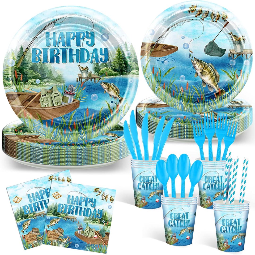 Table Fish Gift Fishing Birthday Plates, Napkins, Forks Disposable Tableware Serves 24 ...