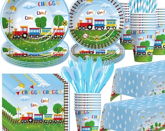 May include: A blue and green train themed party supplies set with plates, napkins, cups, straws, and a tablecloth. The plates feature a cartoon train with the words "Chugga Chugga Choo!" The cups and napkins also feature the same train design.