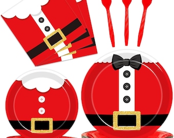 May include: Red and white paper plates and napkins with a Santa Claus design. The plates and napkins feature a red suit with a black belt and gold buckle, white trim, and black buttons. There are also three red plastic forks.