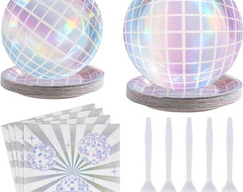 Disco Party Plates, Napkins, Forks Disposable Tableware Serves 24, Disco Ball Tableware, Disco Boogie Theme Birthday Dinnerware, 70s 80s 90s