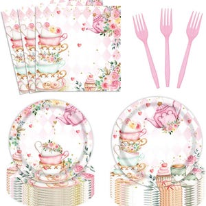 Tea Party Plates, Napkins, Forks Disposable Tableware Serves 24, Pink Floral Garden Let&#39;s Partea Birthday Bridal Shower Dinnerware