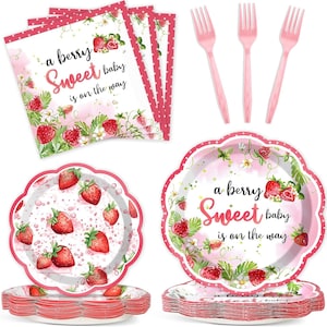May include: A set of pink and white paper plates and napkins with a strawberry and floral design. The plates and napkins feature the text "a berry Sweet baby is on the way". The set also includes pink plastic forks.