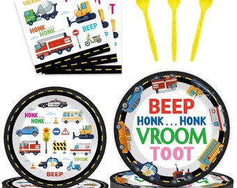 Transportation Birthday Plates, Napkins, Forks Disposable Tableware Serves 24,  Bus Train Plane Ship Traffic Light Kids Birthday Dinnerware