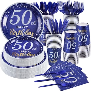 50th Birthday Party Plates, Napkins, Cups Disposable Tableware Serves 24 Blue and Gold 50th Birthday Decorations, 50th Dinnerware