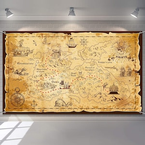 May include: A vintage-style treasure map with a brown background and a faded parchment texture. The map features a pirate ship, a skull and crossbones, and various landmarks like a bottomless lake, mountains of doom, and a forest of no return. The text "PIRATE" is prominently displayed in a banner.