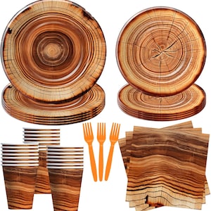 May include: A set of disposable party supplies with a wood grain pattern. The set includes plates, cups, napkins, and forks. The plates and cups are stacked, and the napkins are folded. The forks are orange.