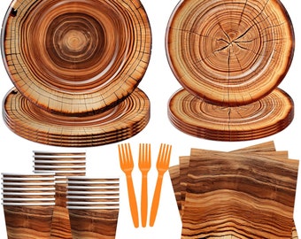 Wood Grain Slice Paper Plates, Napkins, Cups, Forks Disposable Tableware Serves 24, Lumberjack Camping Hunting Woodland Party Decorations