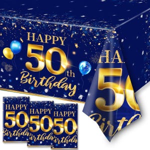 May include: A blue and gold plastic tablecloth with the text "Happy 50th Birthday" and three matching place cards. The tablecloth has a confetti design and the numbers 50 are in gold.