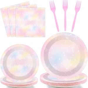 Pastel Rainbow Party Plates, Napkins, Forks Disposable Tableware Serves 24 Pastel Colors Rainbow Cloud Birthday Decoration Dinnerware