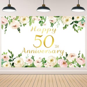 50th Anniversary Banner Backdrop Floral Gold 50 Years Anniversary Backdrop Wedding Anniversary Banner Decor Photo Booth Props Sign