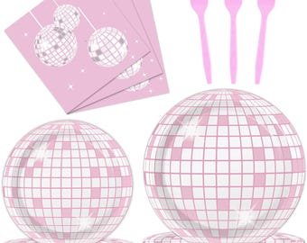 Disco Party Plates, Napkins, Forks Disposable Tableware Serves 24, Disco Ball Tableware, Disco Boogie Theme Birthday Dinnerware Pink